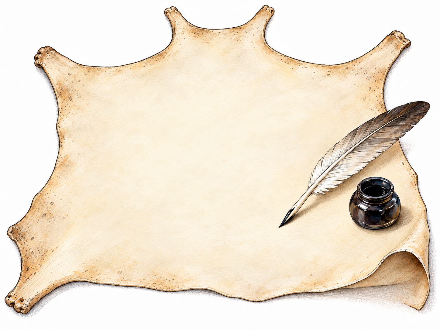 A prepared, pale animal-skin writing sheet retaining its recognizable hide outline, with a curled edge revealing its thin leathery substance, beside a quill and small ink pot.