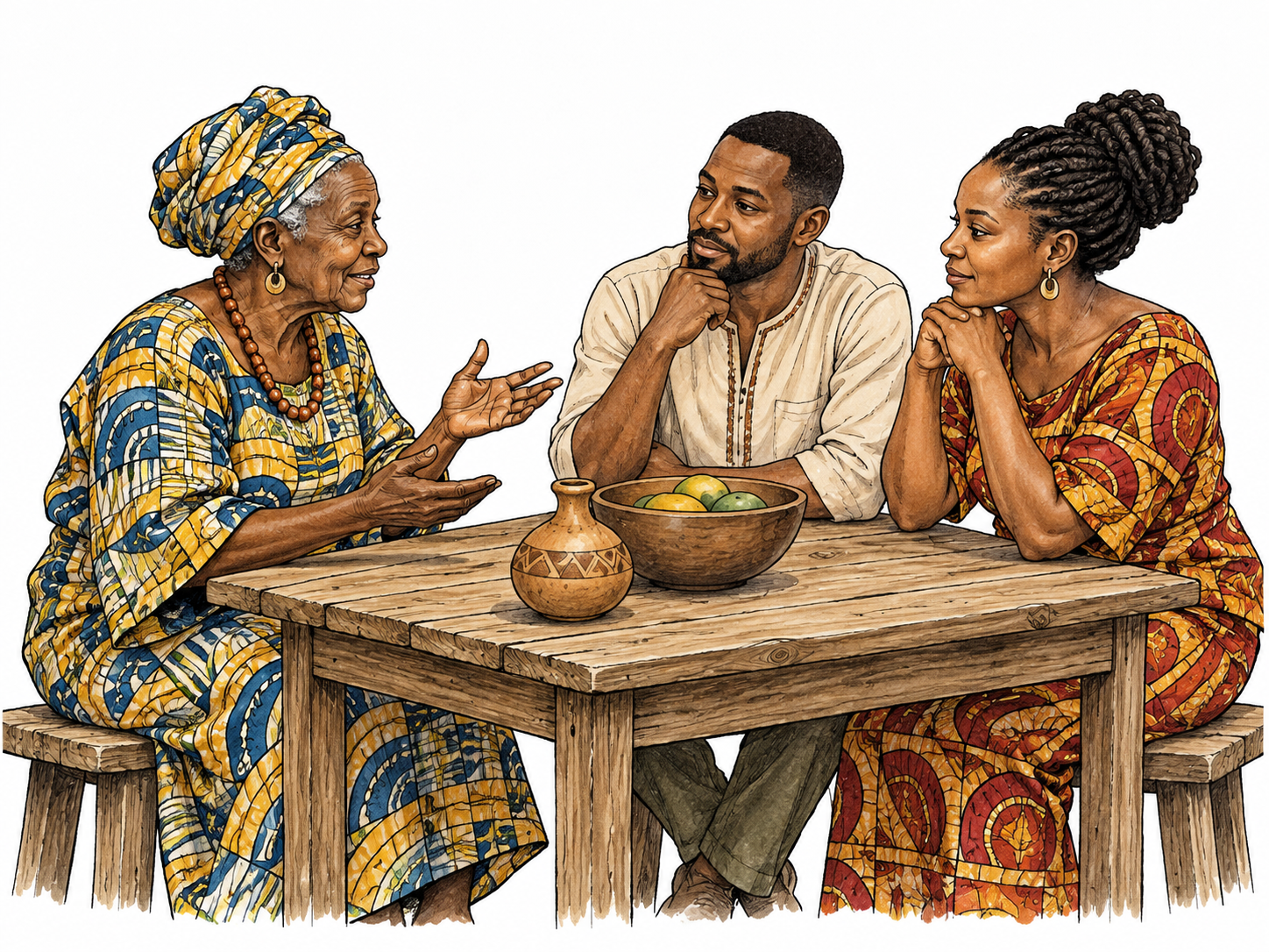 An elderly West African woman offers calm thoughtful counsel to two younger adults who listen respectfully around a village table, wisdom expressed through attentive interaction, no mystical stereotypes or writing.