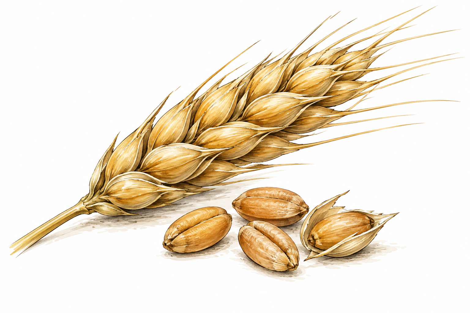A few plump hard wheat seeds beside a ripe cereal ear, close botanical detail with crease and husk, no labels.