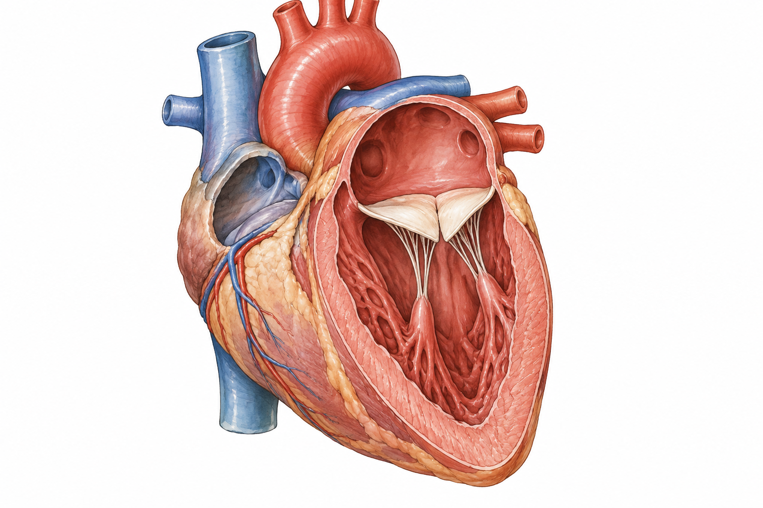 Accurate simplified heart cutaway highlighting two-leaflet mitral valve between left atrium and left ventricle, correct anatomical orientation, no extra valves highlighted.