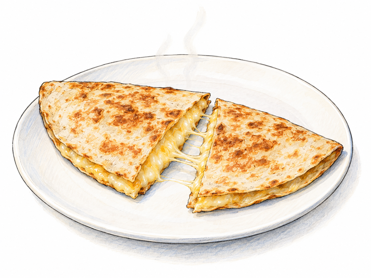 A freshly heated folded tortilla cut into two portions, with one portion slightly separated to reveal melted cheese stretching between the cut edges.