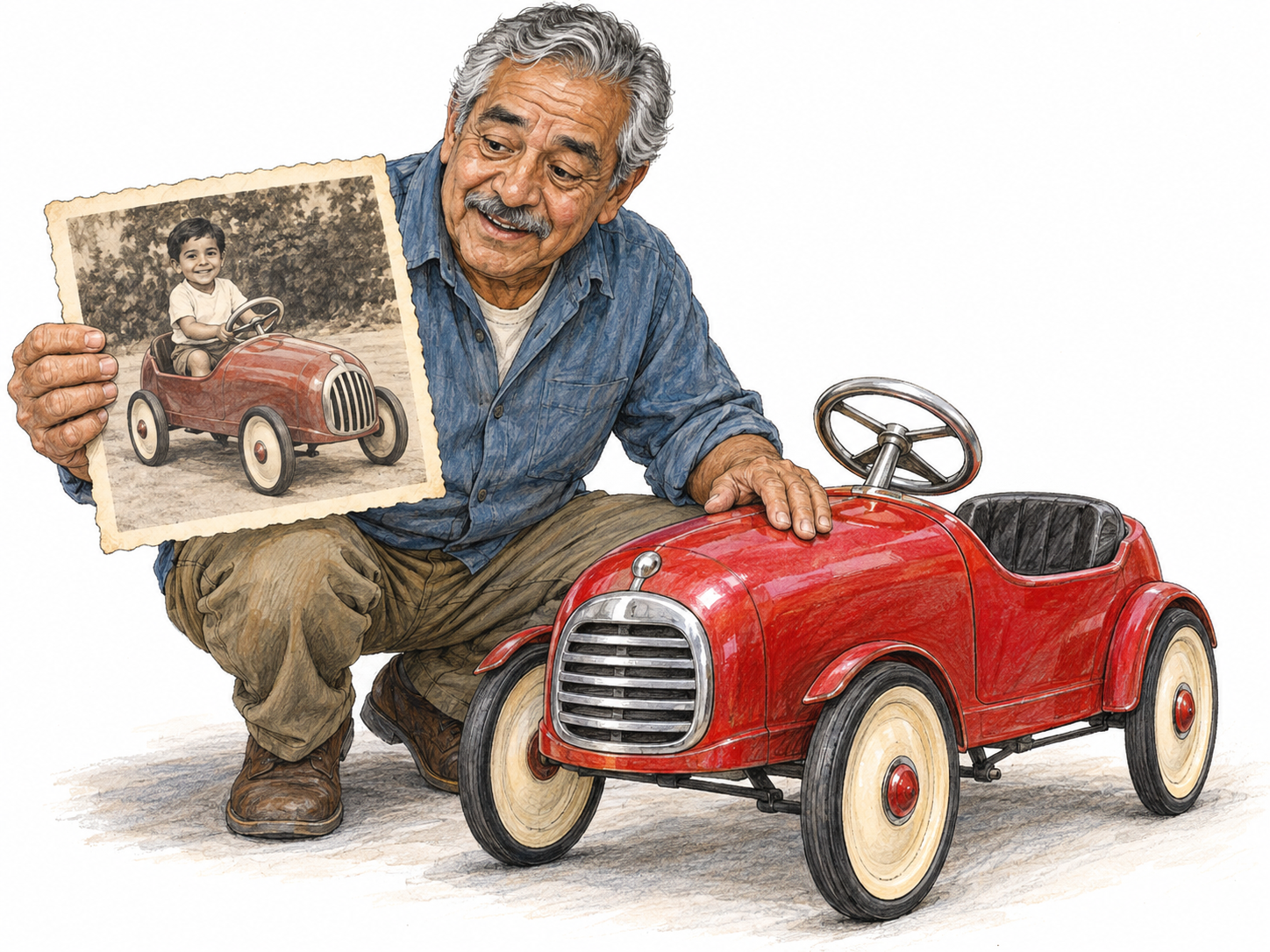 An older man pauses beside a new red pedal car whose distinctive rounded shape resembles the childhood pedal car visible in an old photograph he holds.