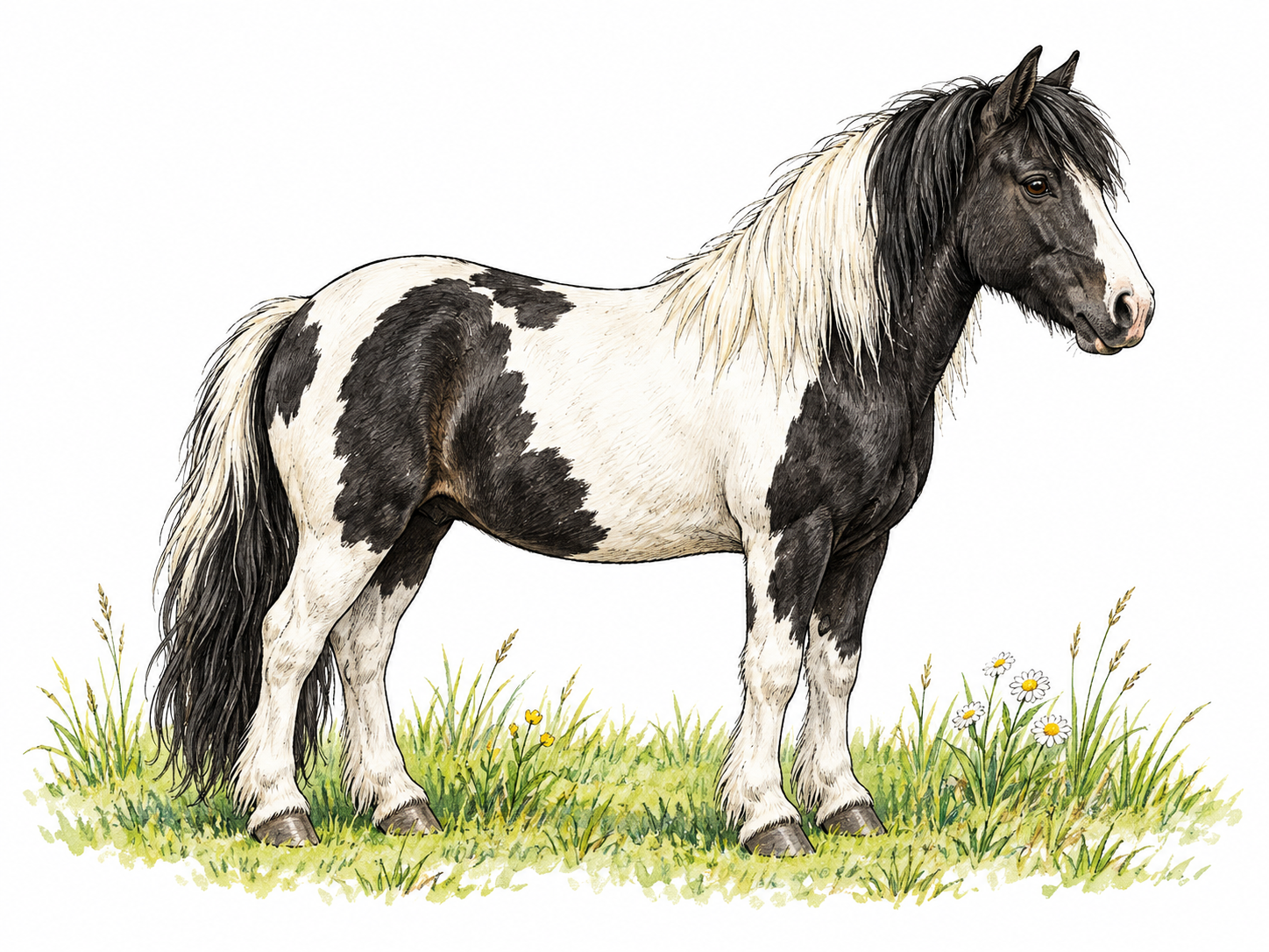 A black-and-white pied pony stands broadside in a meadow, clearly contrasting irregular patches of white and black across its body.