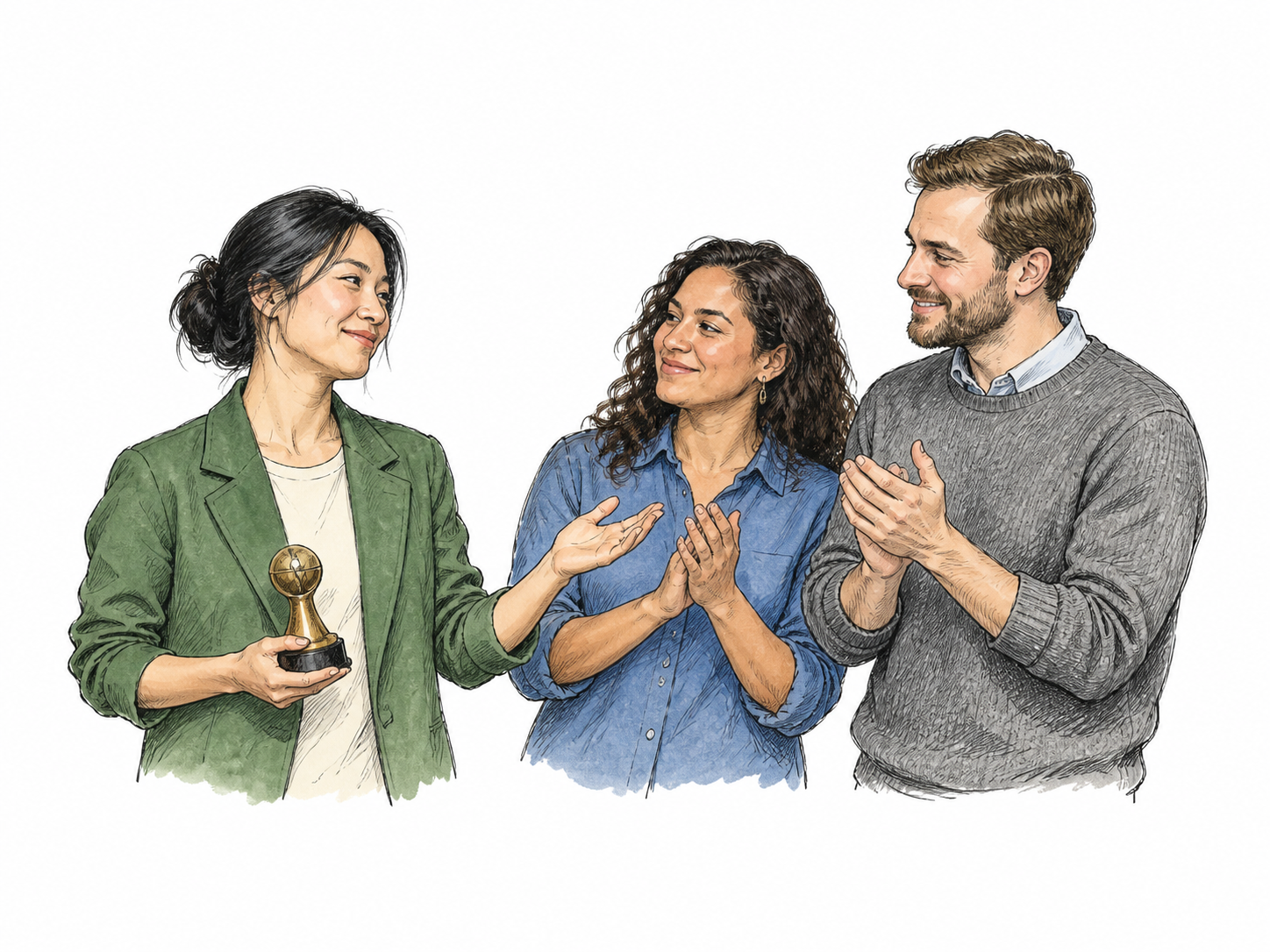 An award winner holds a small trophy low and gestures appreciatively toward two teammates, sharing credit with a restrained smile rather than showing off.