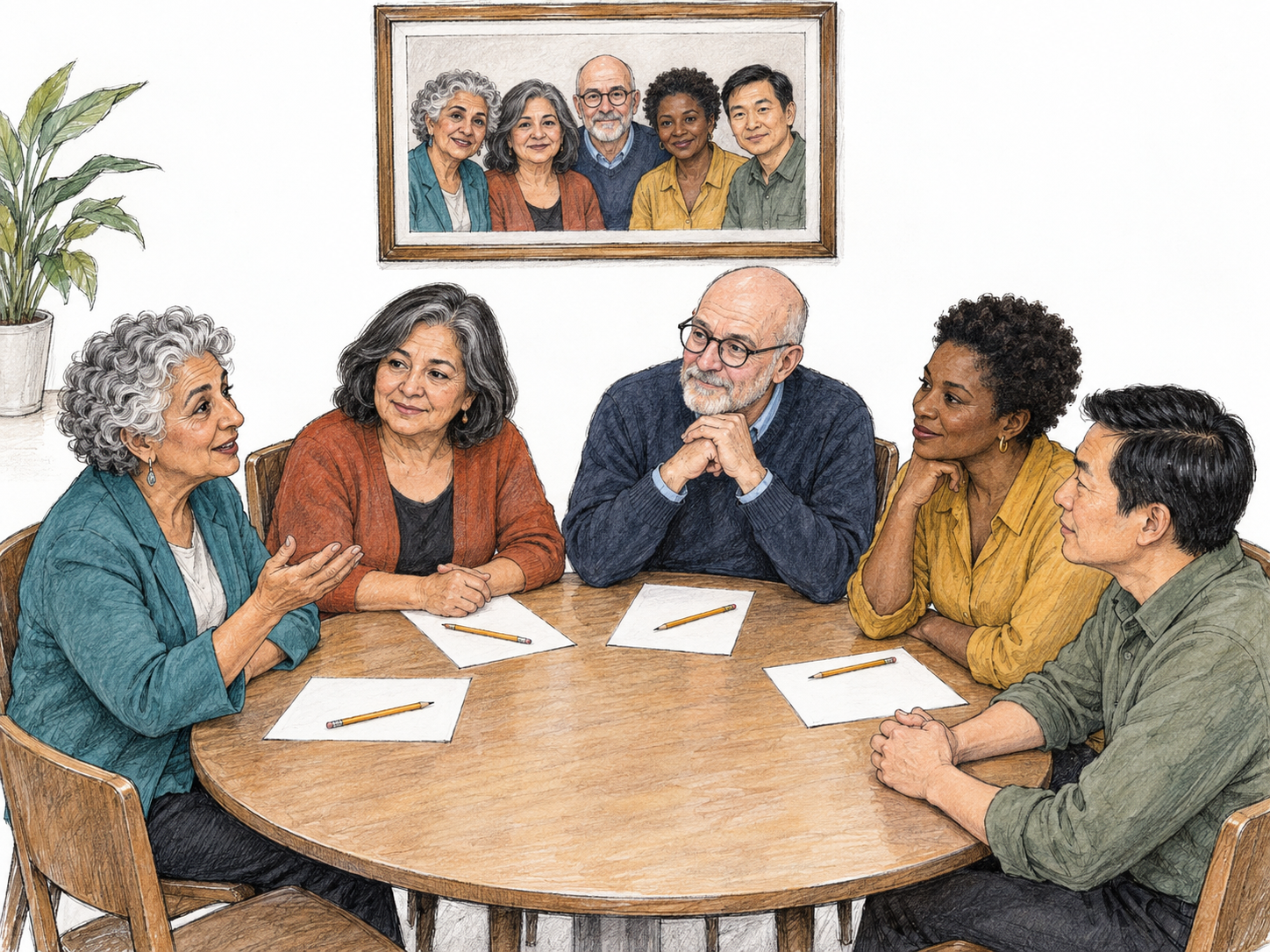 A small association's entire five-person membership meets around one fully occupied table; a prominent group portrait of the same five people provides a concrete visual reference for the complete body.