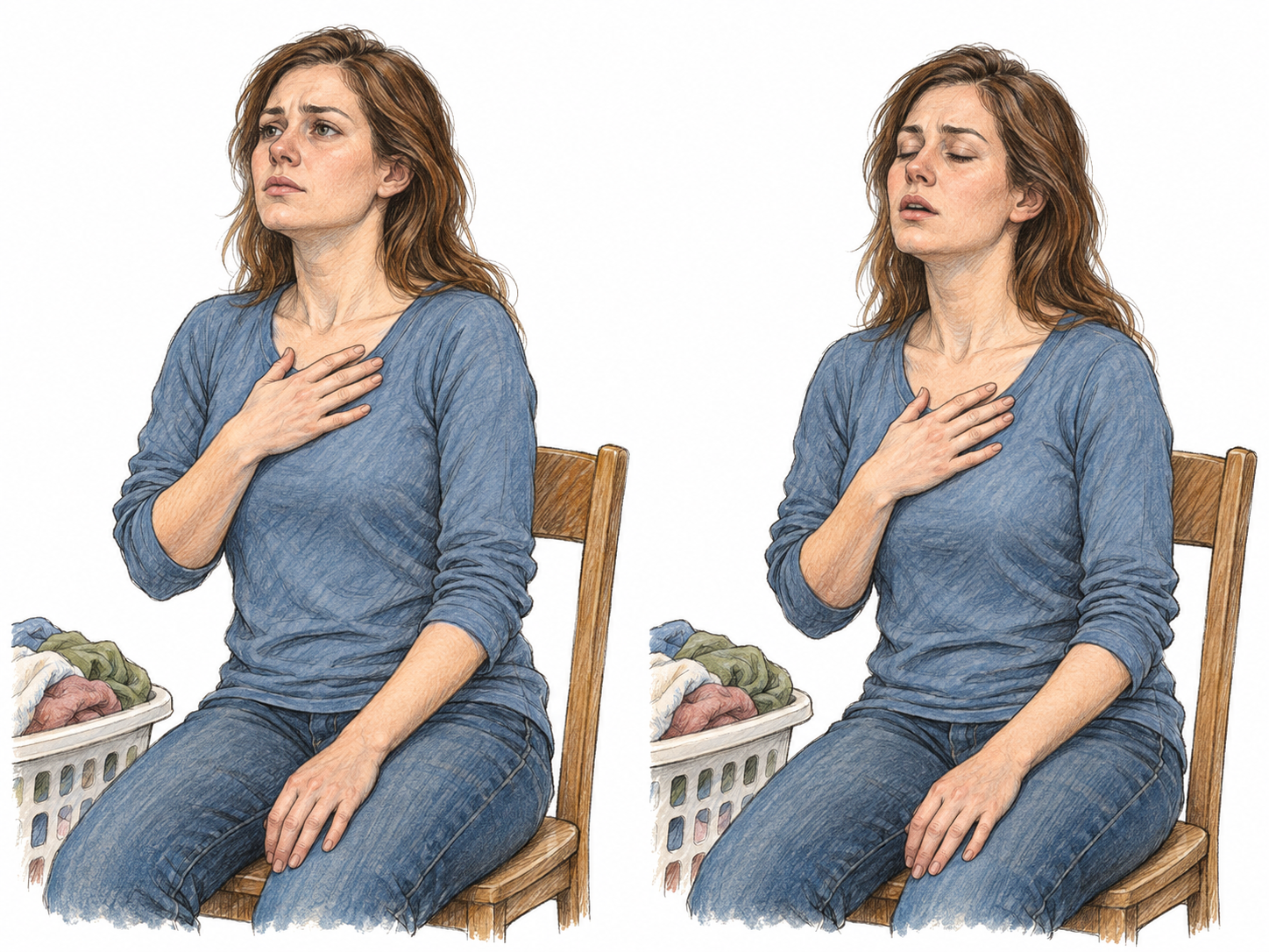 A compact two-moment portrait shows a fatigued woman drawing a breath and then letting it out in a conspicuous weary release, making the breathing action—not merely tiredness—the focus.
