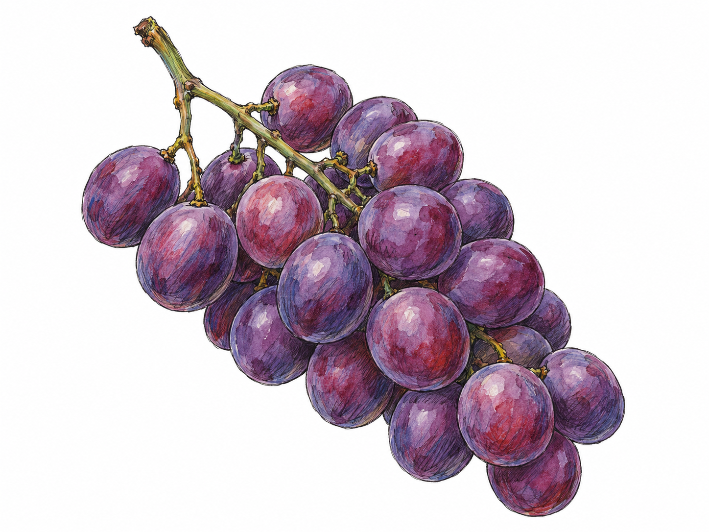 A single compact cluster of purple grapes attached to a shared branching stem, showing many similar fruits grouped closely together.