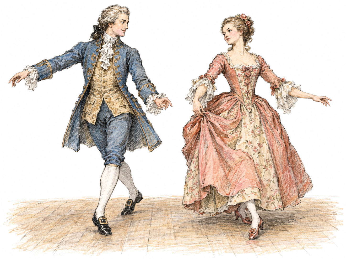 Two dancers perform a restrained, coordinated gavotte step in early eighteenth-century France, with upright posture and small, measured foot movements.