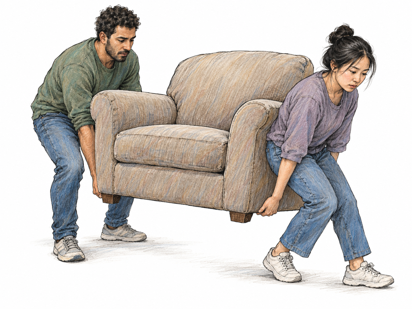 Two movers advance in short, awkward steps while carrying a bulky, heavy armchair, making their progress visibly ponderous.