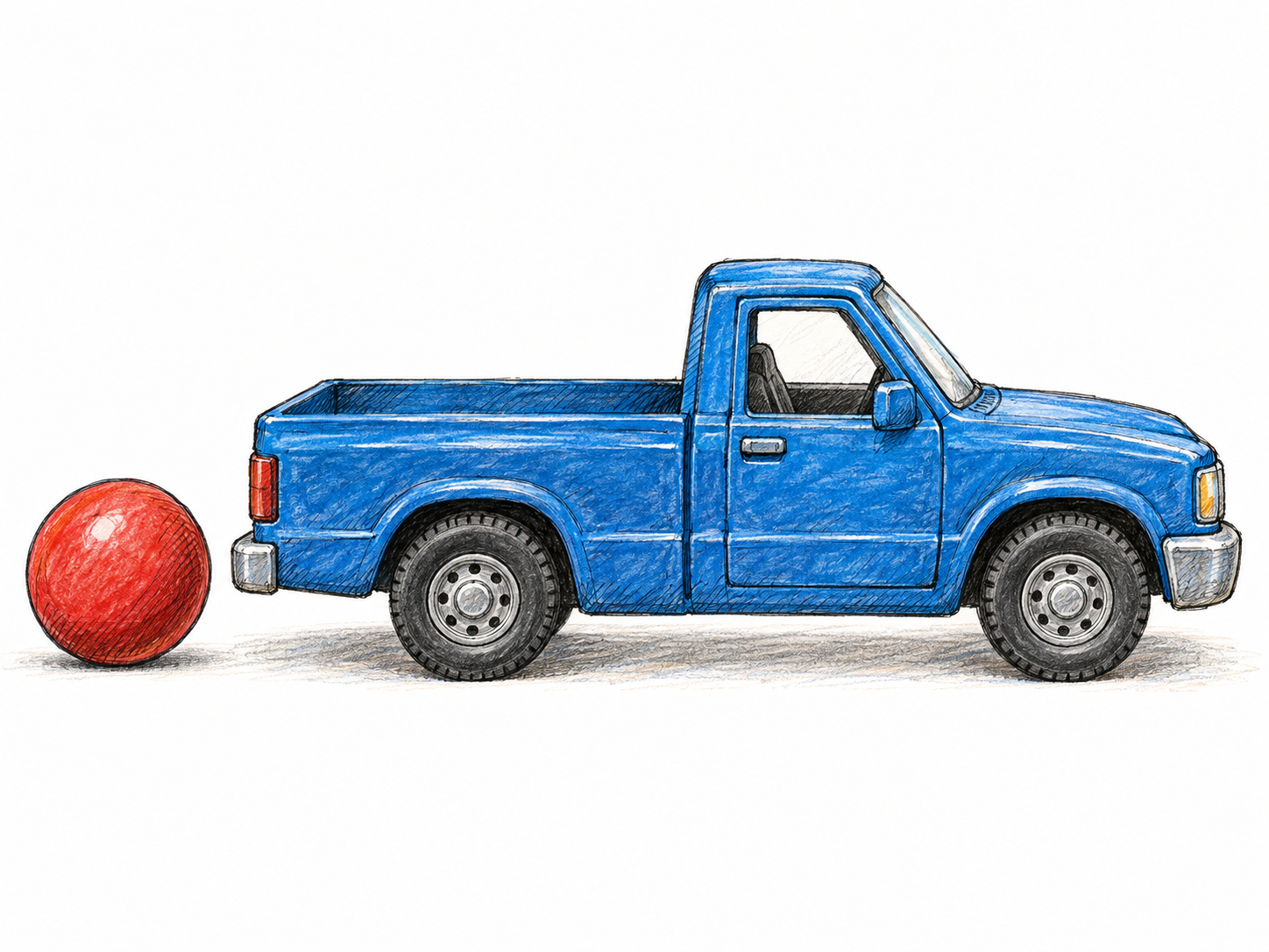 A red ball rests directly behind a toy pickup truck's rear bumper, with the truck shown in clear side profile so its front and back are unmistakable.
