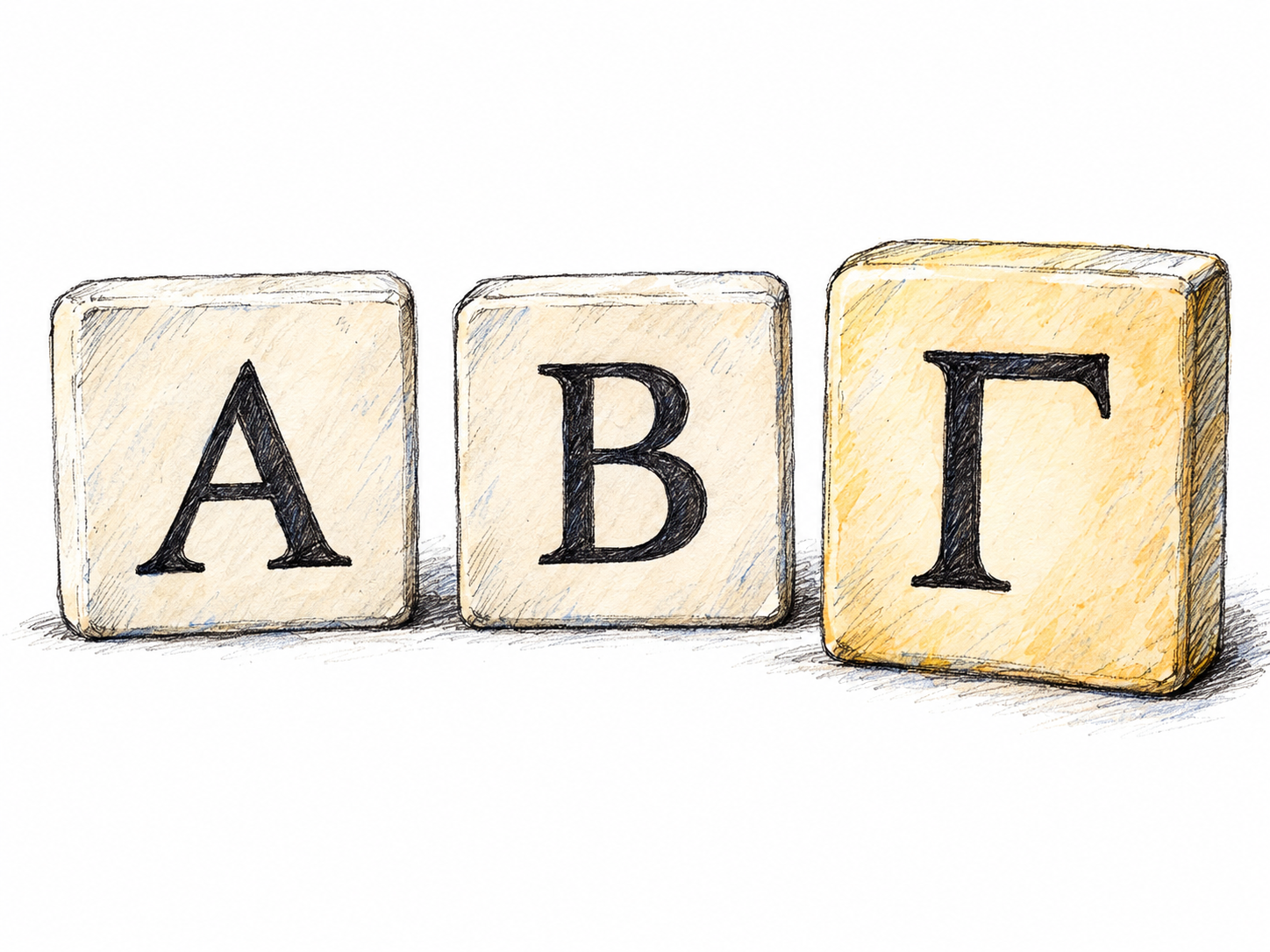 Three alphabet tiles in a clear left-to-right sequence bear Α, Β, and Γ.