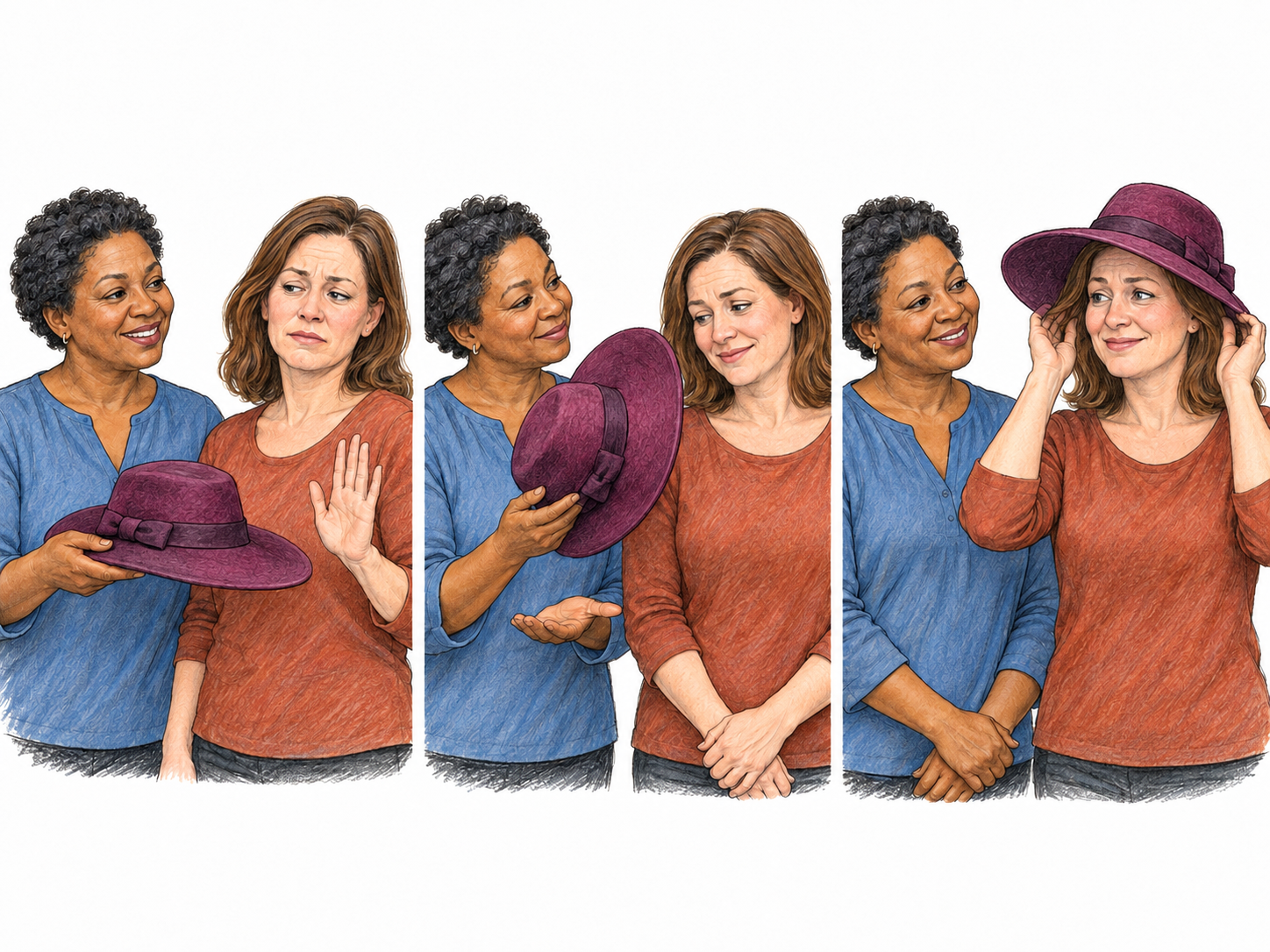 A compact three-moment sequence shows a woman gently coaxing her reluctant companion into trying on a striking hat: initial refusal, warm admiring persuasion, and a tentative change of mind.