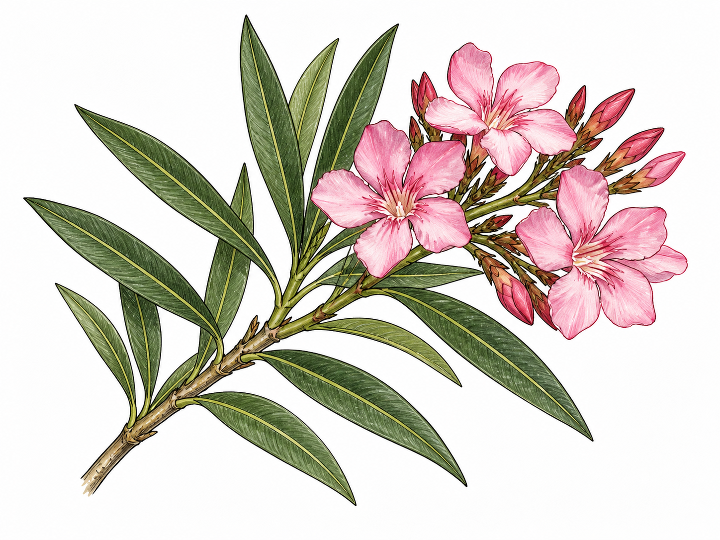 A botanical oleander branch with narrow leathery lance-shaped leaves and clusters of five-petaled pink flowers; plant-only specimen, do not show anyone eating or touching mouth.
