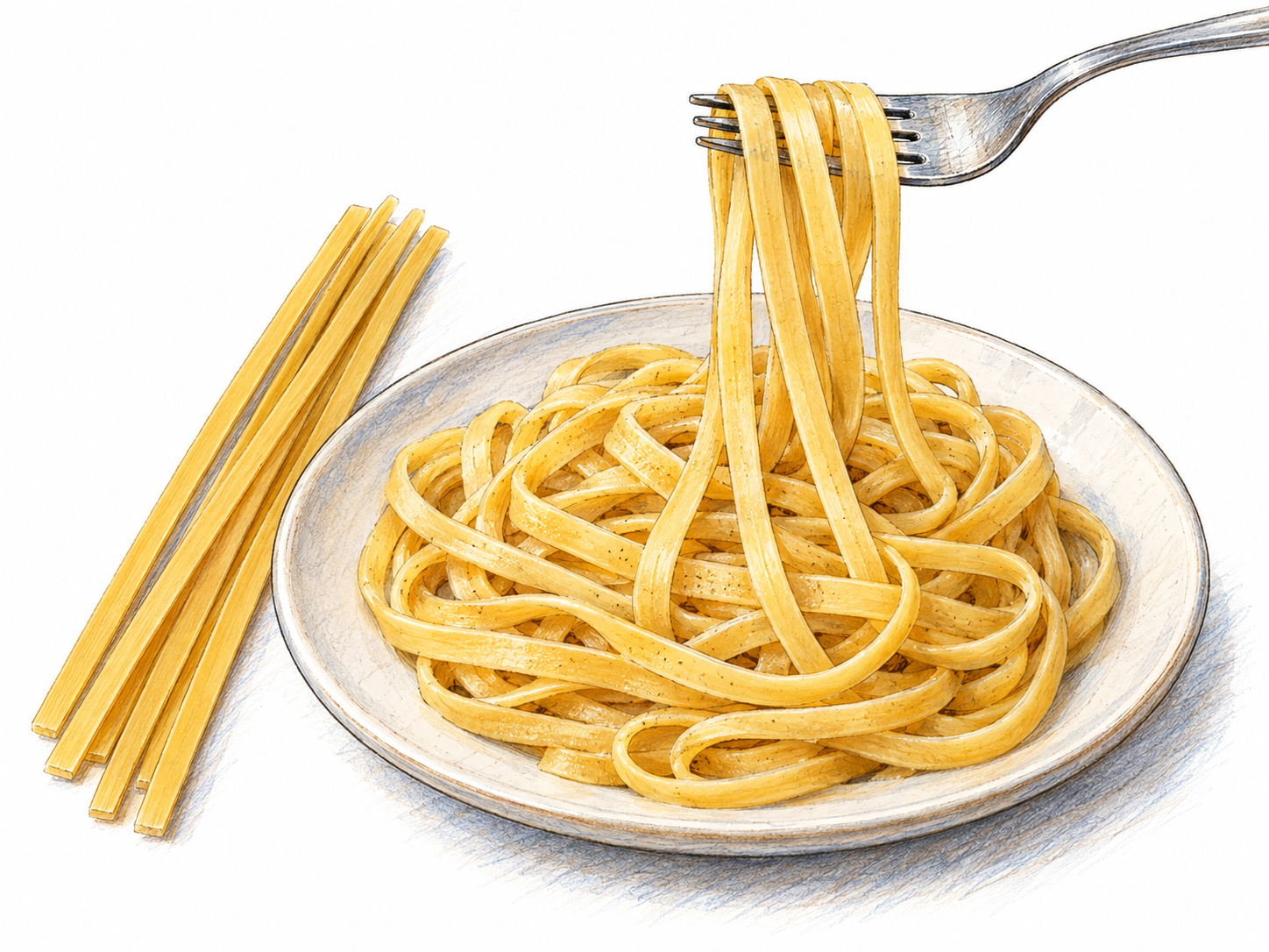 A small plain ceramic plate holds cooked linguine, with a fork lifting several long narrow flat pasta ribbons so their flat width and rectangular edges are unmistakable.