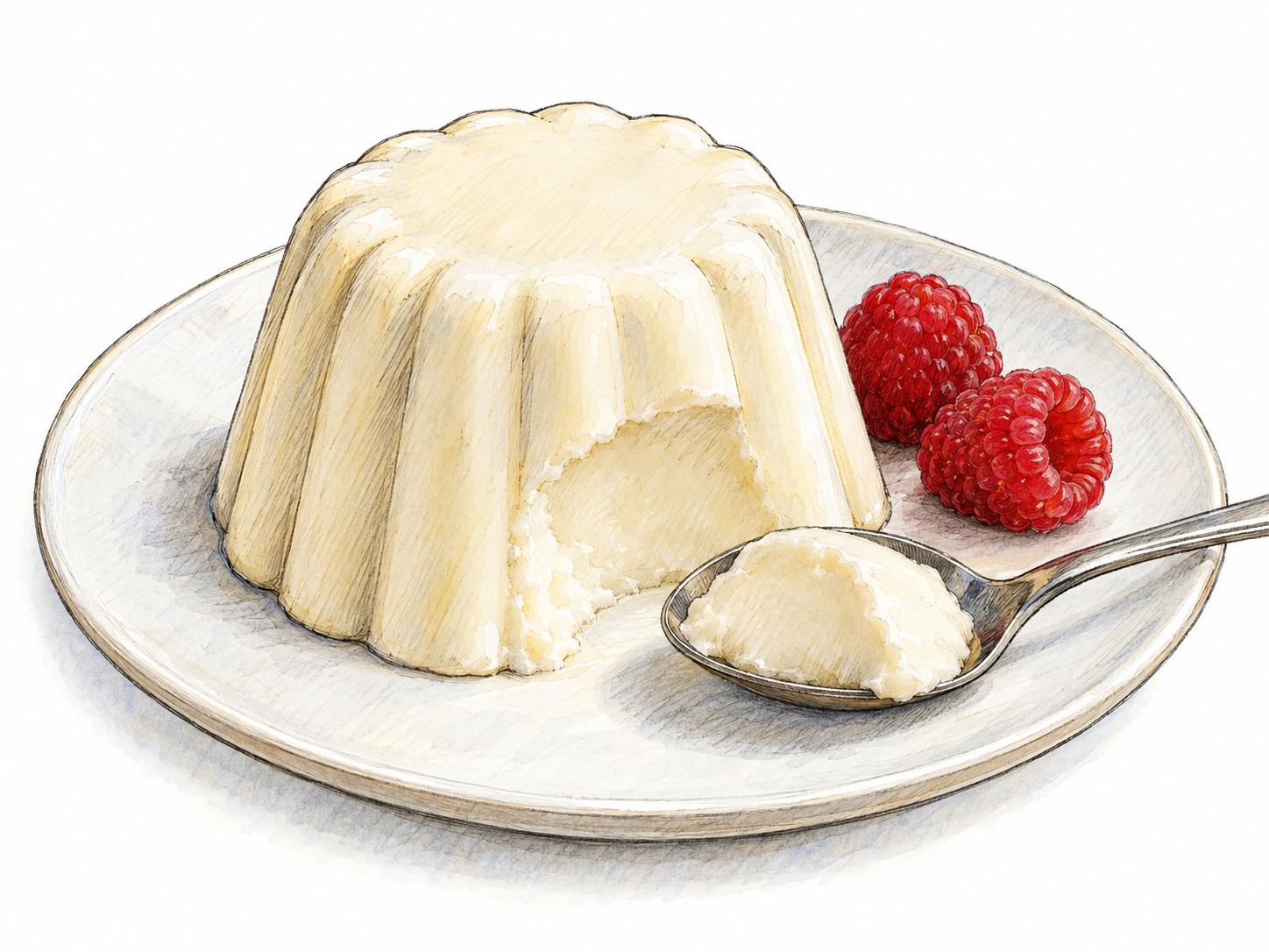 A pale ivory blancmange unmolded onto a small dessert plate, with distinct fluted sides and a spoonful removed to reveal its smooth, opaque, softly set interior.