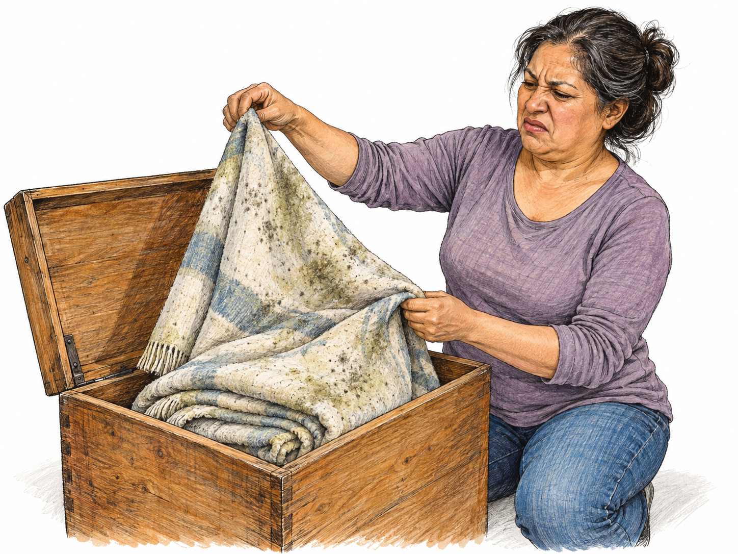 A woman lifts a damp, mildew-speckled folded blanket from an open storage chest and recoils slightly from its stale smell.