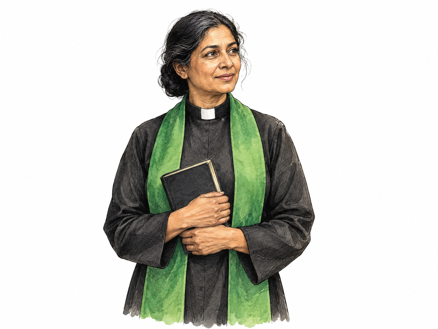 An individual Anglican priest in plain black clerical shirt with white tab collar and simple green stole holds a closed unmarked prayer book, calm attentive face.