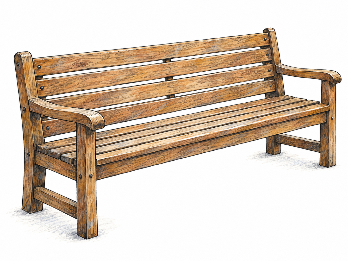 An isolated, clearly elongated wooden park bench with one continuous seat wide enough for three adults, a matching backrest, and sturdy legs.