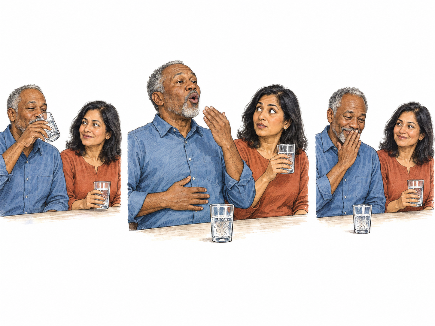 A compact three-moment sequence shows an older man drinking sparkling water, briefly belching with a rounded open mouth and a hand on his upper stomach, then smiling sheepishly behind his hand.