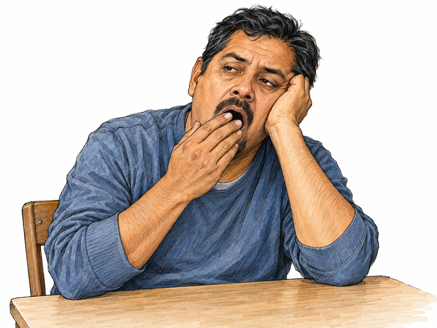 A seated man struggles to stay awake, his eyelids half closed and his head drooping into one supporting hand as he yawns.