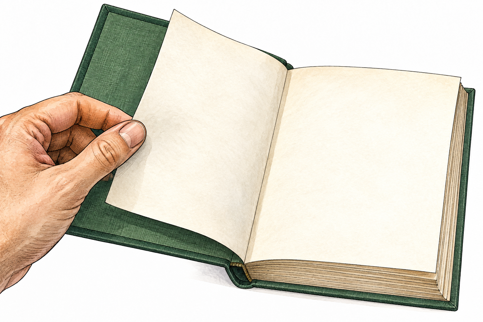 Close-up of an open clothbound book showing its completely blank flyleaf immediately inside the front cover, fingers lifting this first plain page, no writing anywhere.