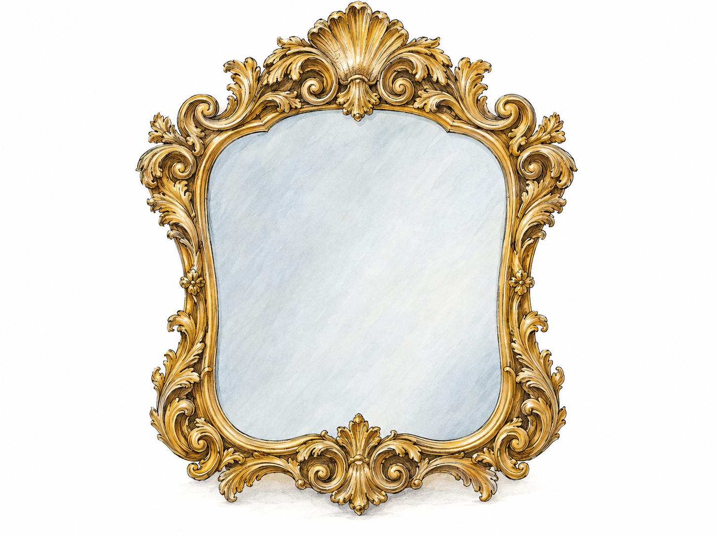 An ornate gilded wall mirror with an elaborate frame of curling acanthus leaves, layered scrolls, and a sculpted shell crest, isolated on white so its lavish decoration is immediately clear.