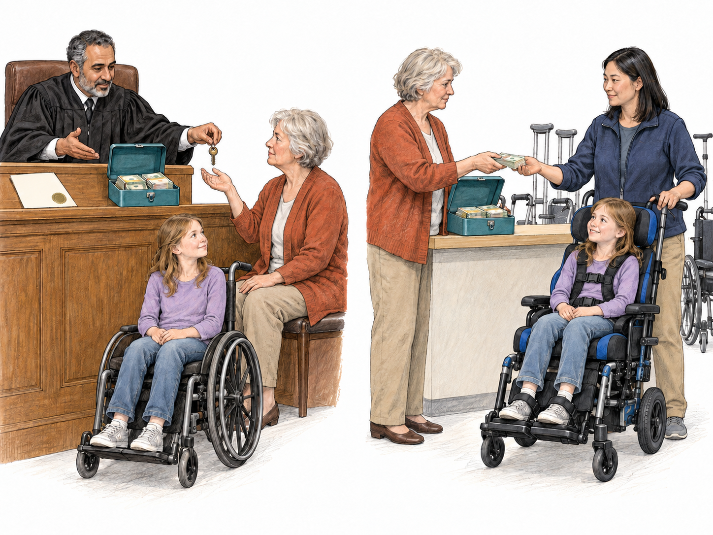 A court-appointed trustee receives custody of a child's funds, then uses those same funds to obtain a wheelchair for the child: legally entrusted assets administered for another person's benefit.