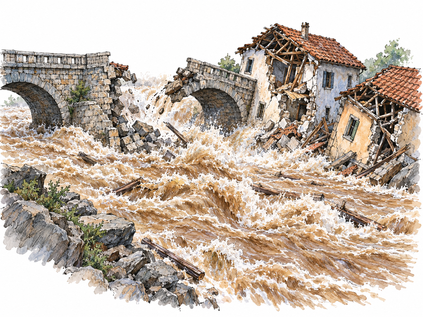 A catastrophic flood surges through a small settlement, breaking a bridge and tearing houses apart.
