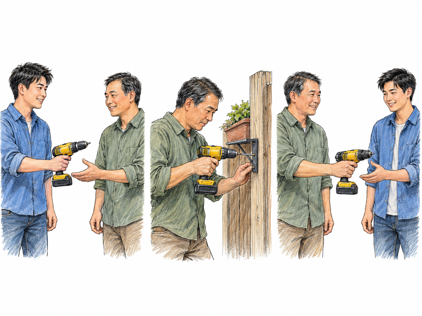 A text-free three-moment sequence shows a man accepting a neighbor’s drill, using it to attach a planter bracket, and returning the same drill.