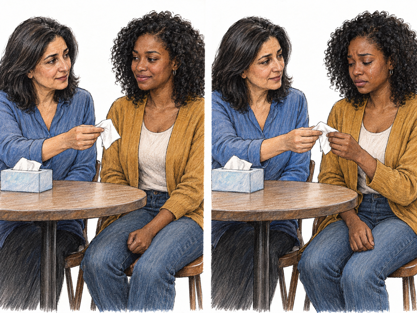 A woman senses distress beneath an acquaintance's social smile and offers a tissue before tears appear.