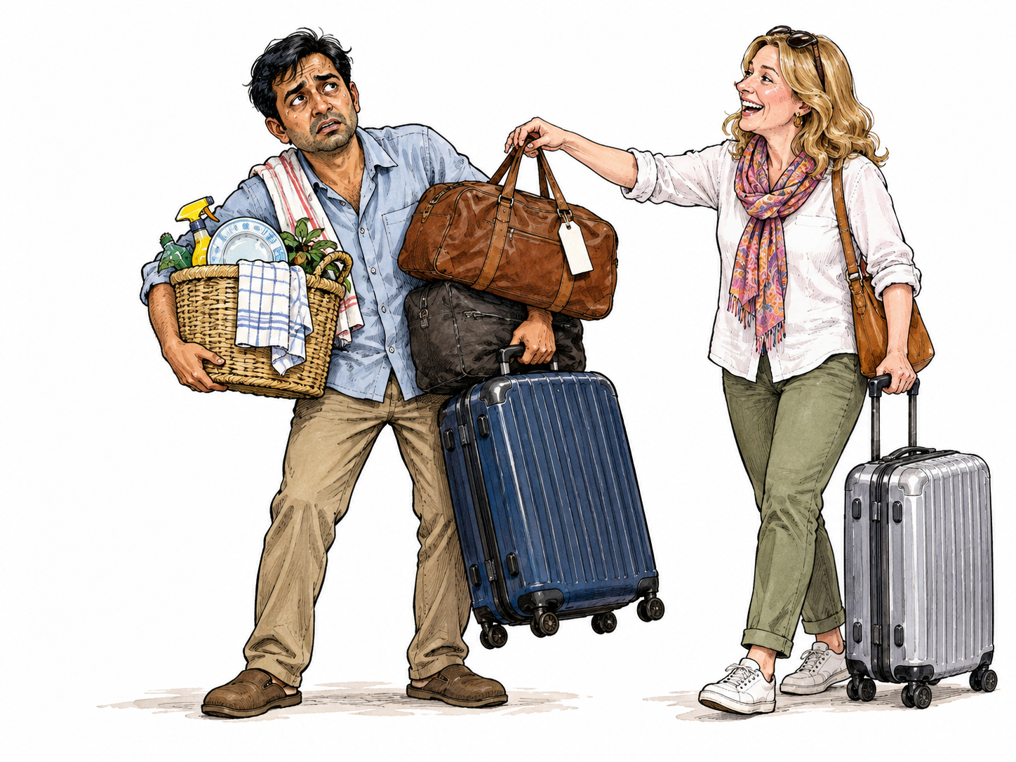An exhausted host holds extra luggage unexpectedly handed over by a visitor while unfinished household tasks remain in a small basket; unfair additional burden.