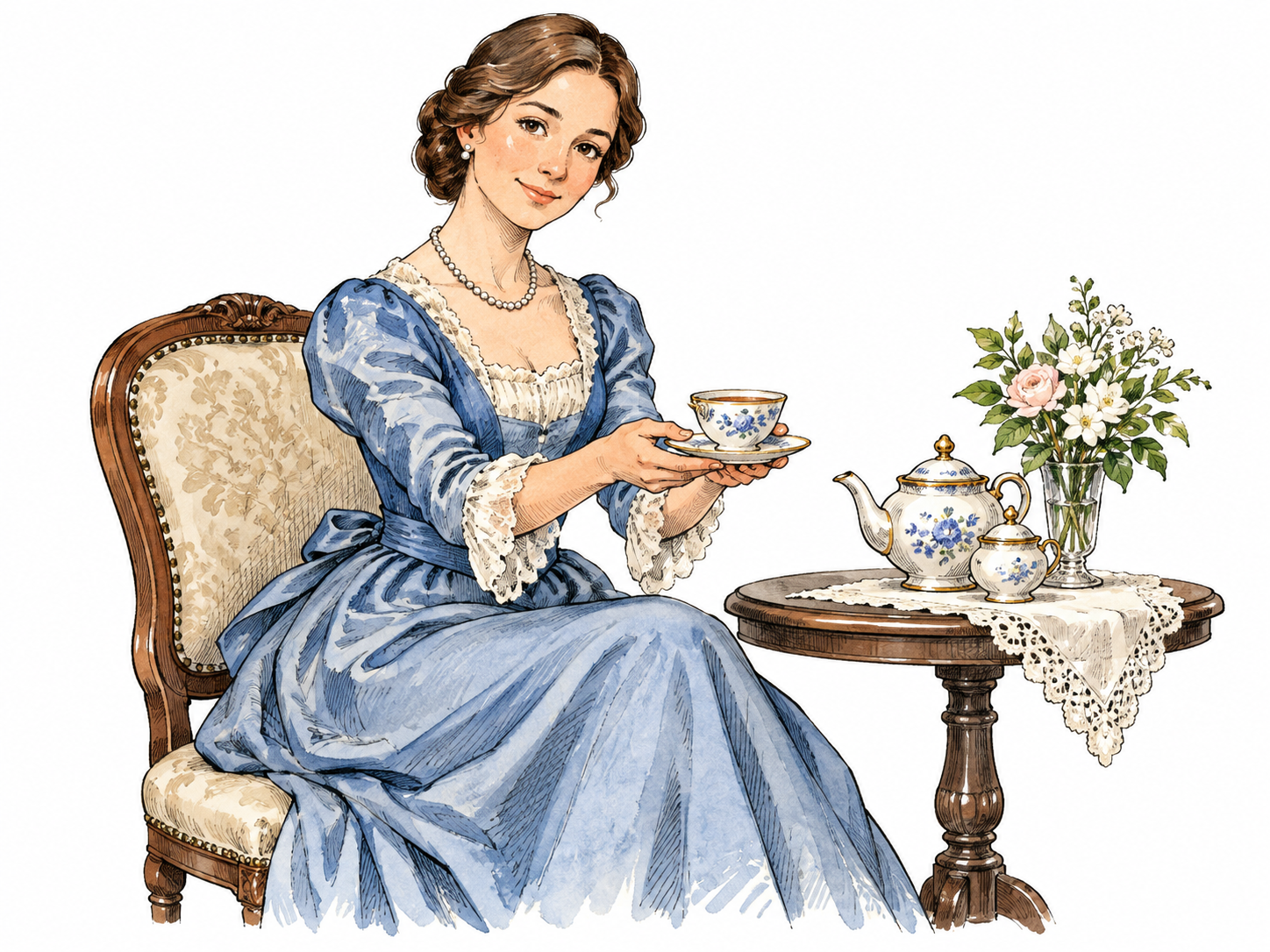 A woman in traditional formal dress seated with composed posture and politely offering tea.