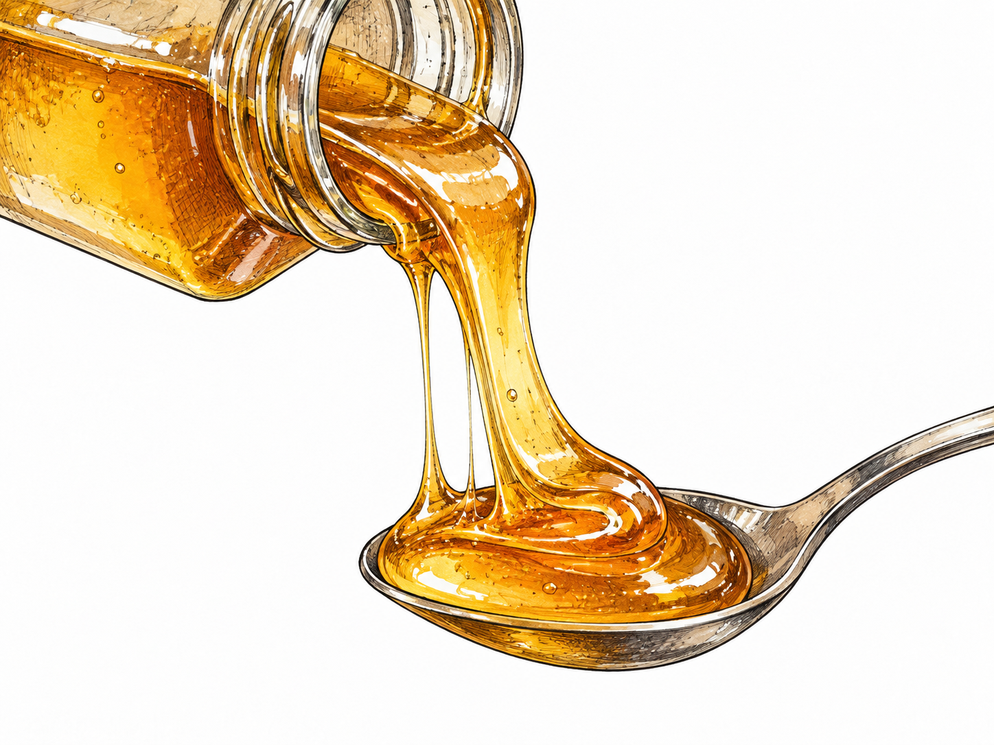A slow thick ribbon of golden syrup clings heavily to the rim of a tilted jar and folds onto a spoon below; long sticky connections convey viscous flow.