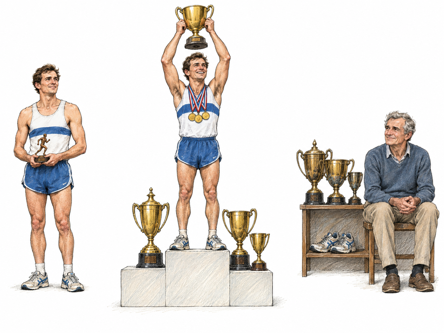 A text-free chronological triptych of the same athlete: modest early achievement, a conspicuously triumphant prime, and retirement.
