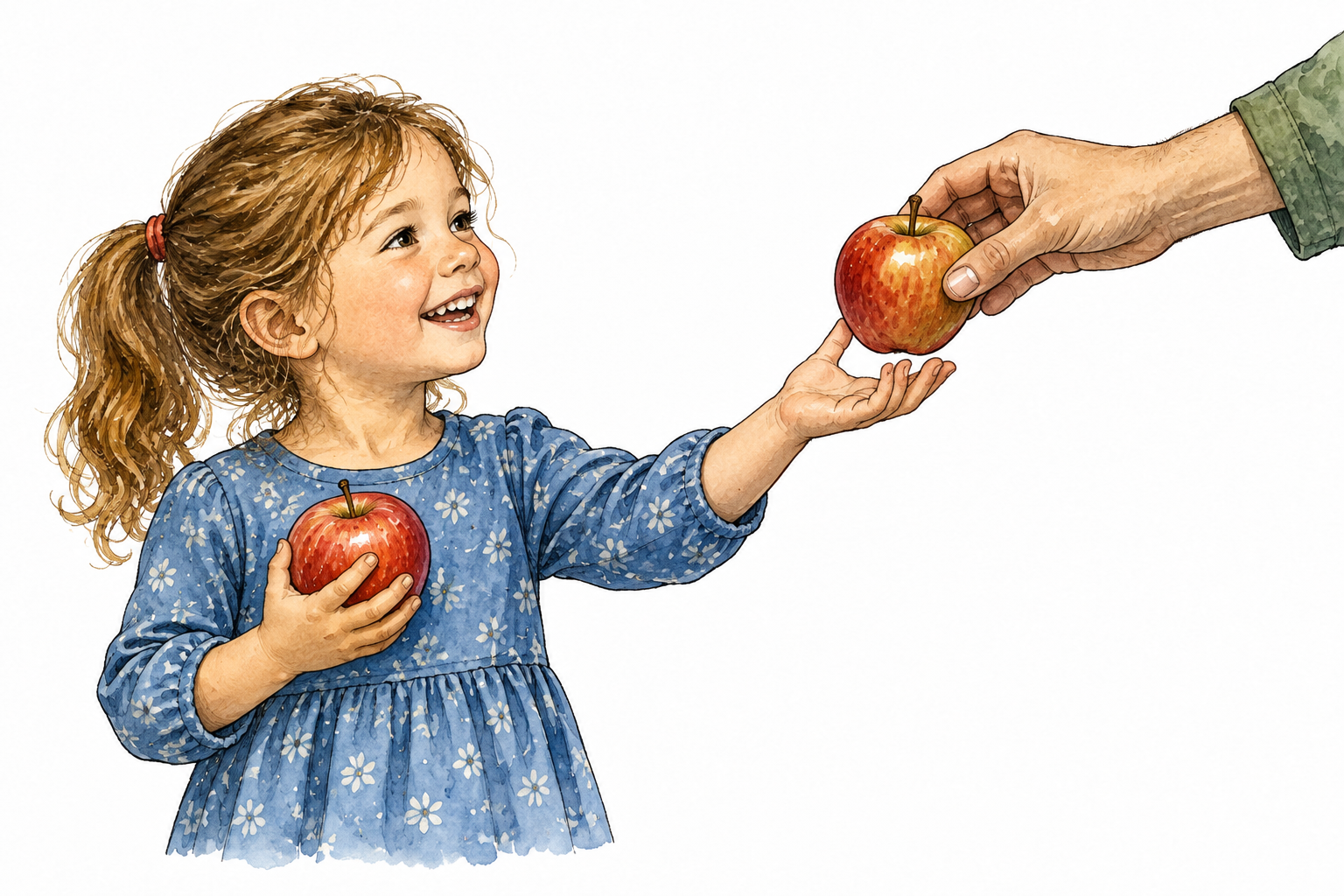 Child receives one additional apple while already holding an apple.