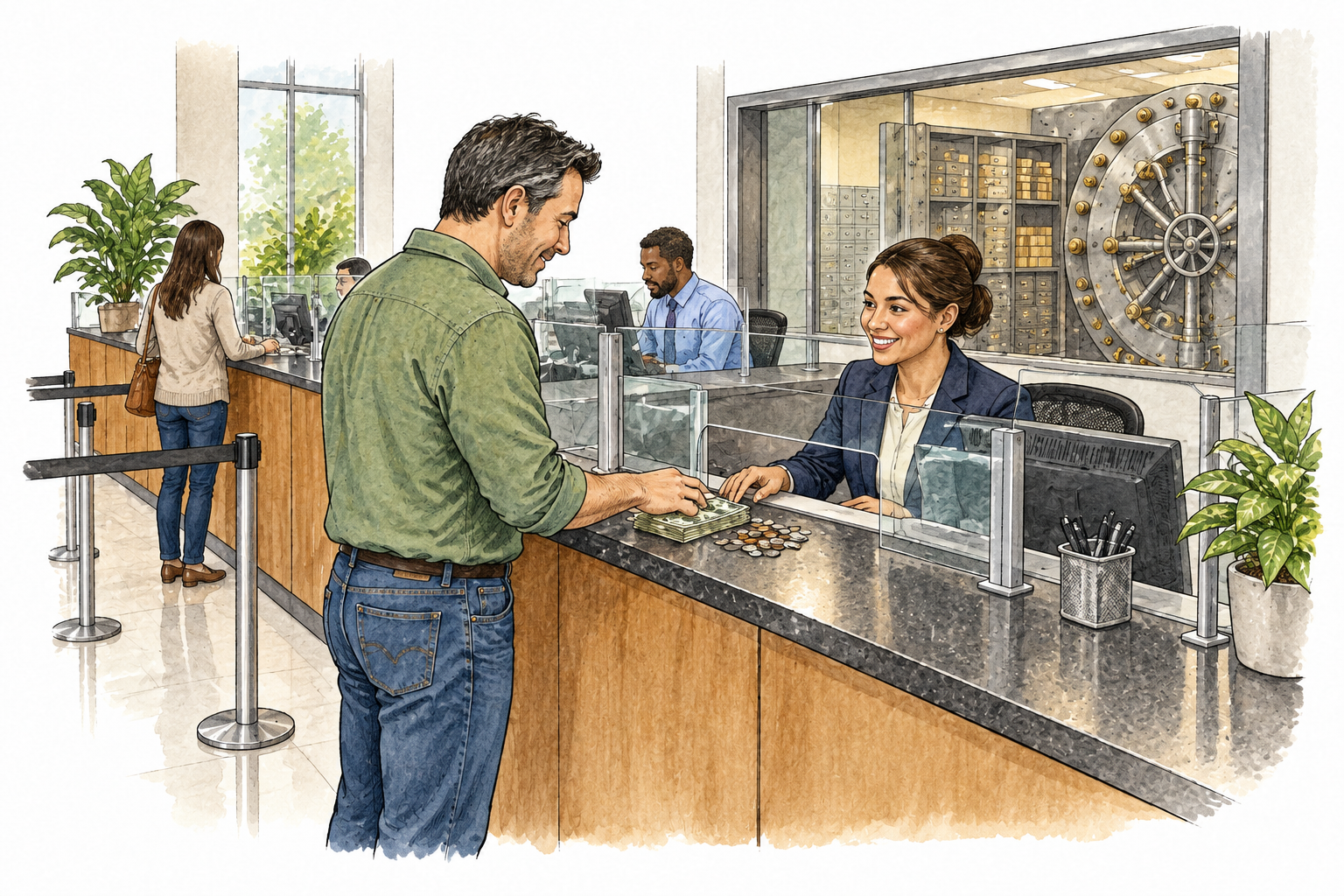 A modern bank interior with teller counters, customer depositing coins and cash, secure vault visible behind, no signs or writing.