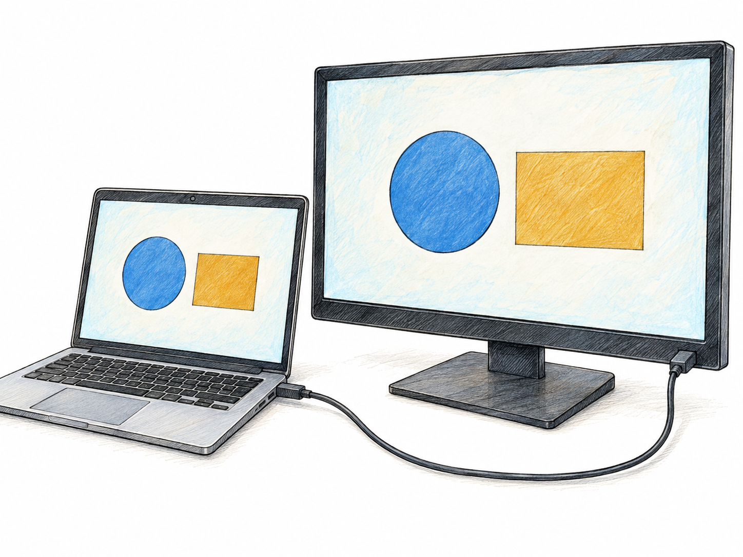 A laptop connected to a desktop monitor by one clearly visible cable, with matching geometric imagery on both screens, illustrating the device-connection branch of the supplied meaning.