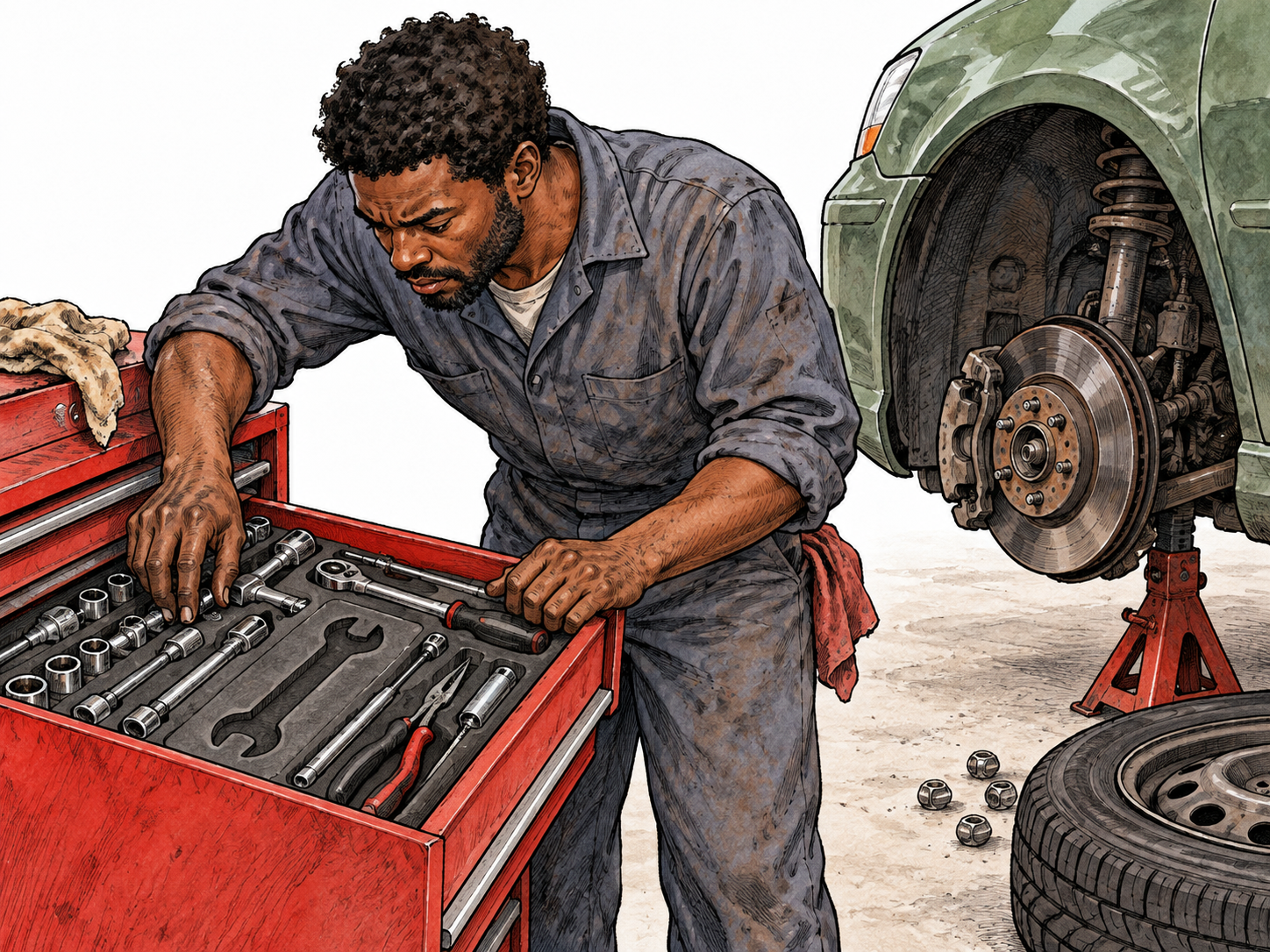 A Black mechanic searches a toolbox with an obvious empty wrench-shaped slot beside an unfinished repair.
