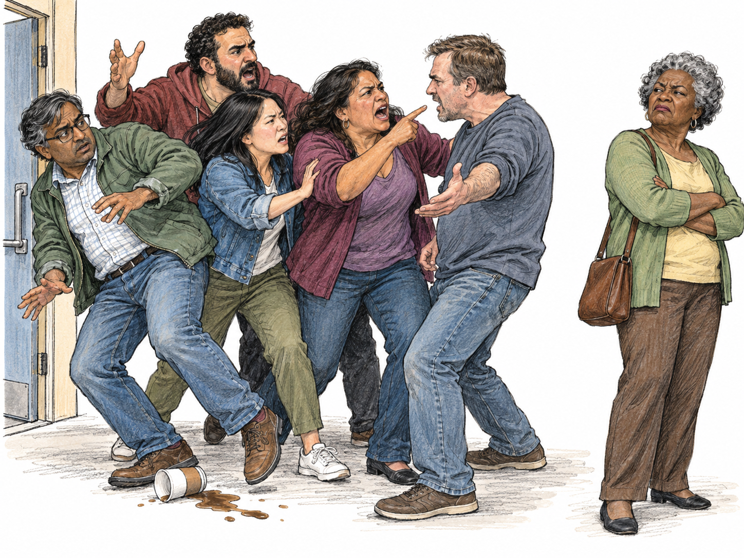 A noisy, disorderly knot of adults jostles beside a doorway, arguing over one another and knocking a paper cup to the ground.