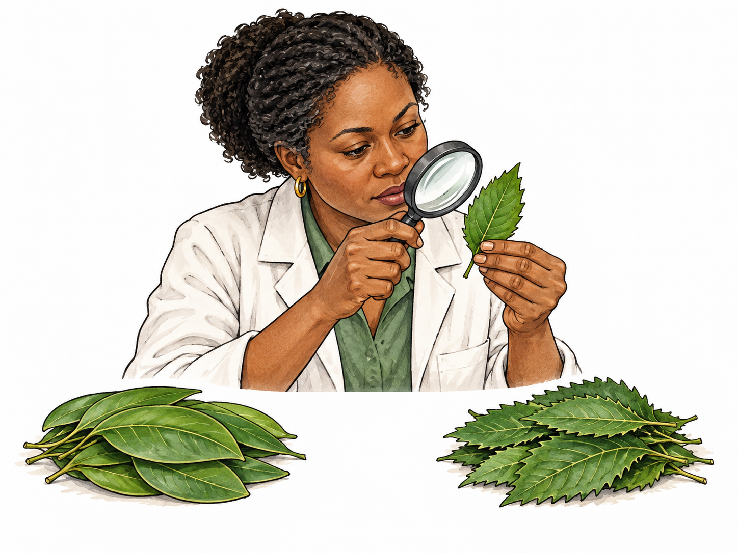 Adult botanist sorts two similar leaves into separate piles after studying their differing edges through magnifier, distinguishing features clear.