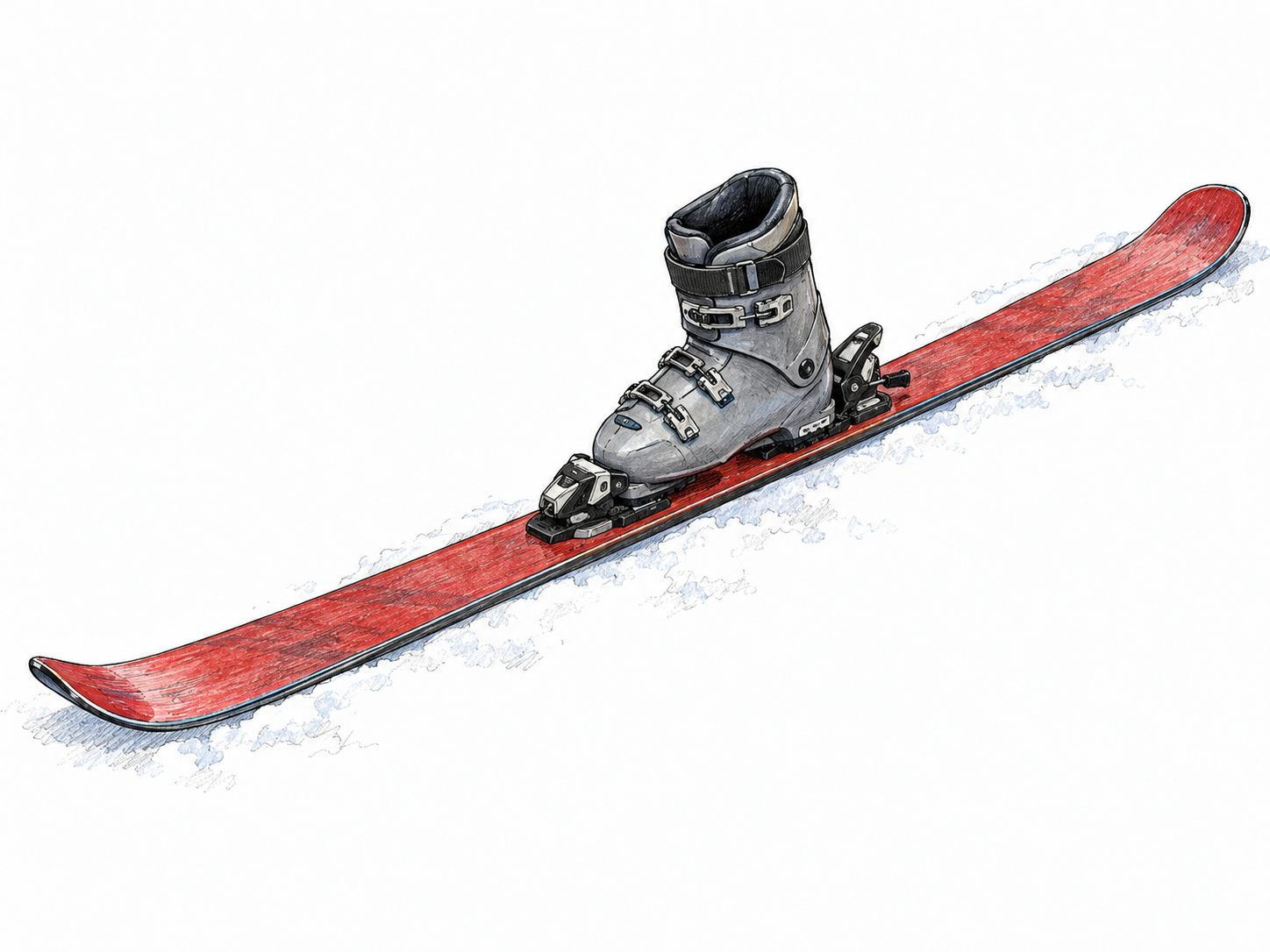 A close three-quarter view of a single long, narrow ski on snow, with an empty ski boot securely clipped into its binding.