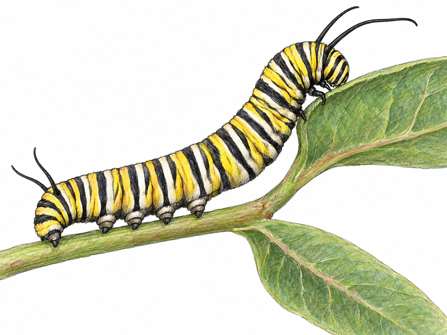 A large monarch caterpillar arches between a milkweed stem and a leaf, exposing its correctly arranged legs and unmistakably immature, wingless insect body.
