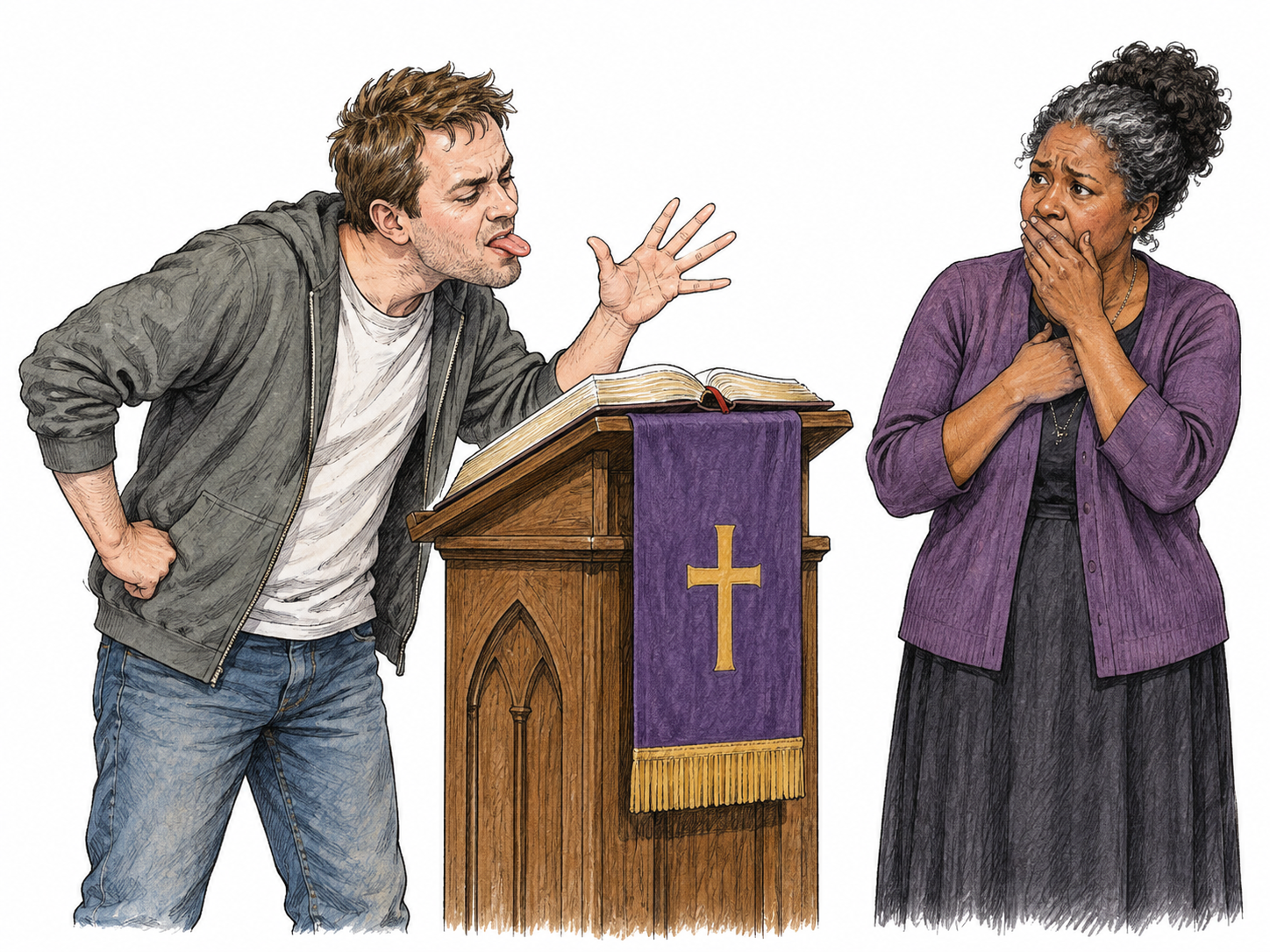 An adult speaks mockingly toward a clearly sacred book on a small church lectern while one worshipper reacts with dismay; behavior illustrates irreverent speech without reproducing any insulting words or attacking believers as a group.