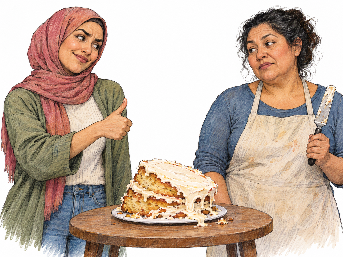 Beside a visibly collapsed homemade cake, a young woman gives an exaggerated approving thumbs-up while speaking with a crooked smile and raised eyebrow; the baker responds with a knowing, unimpressed look.