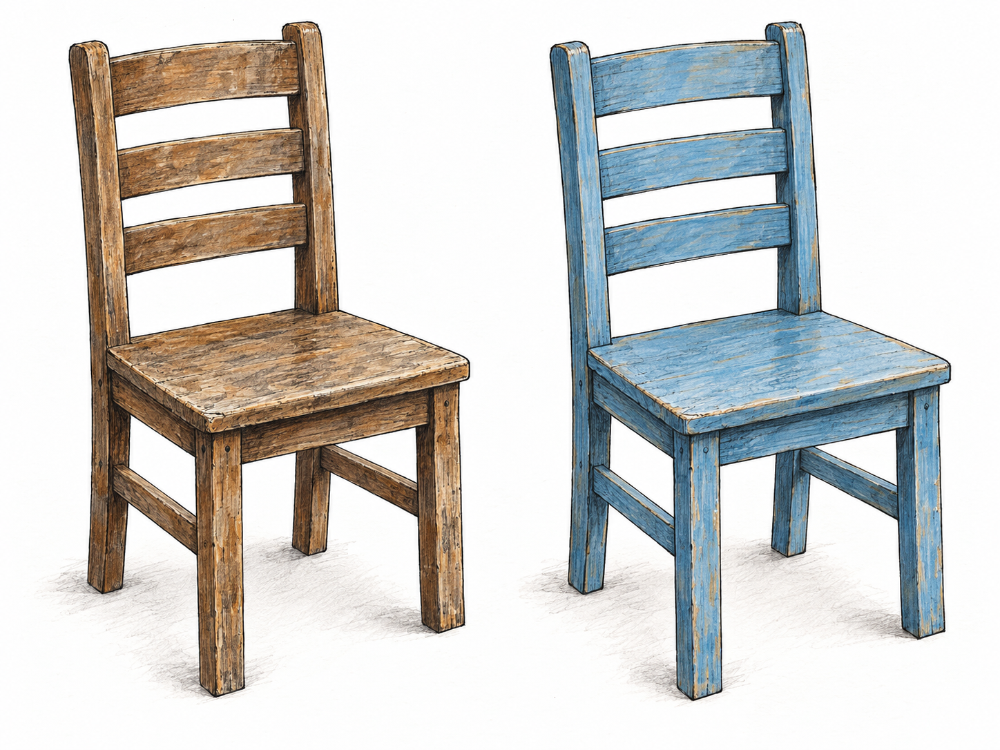 Two views of the same plain wooden chair before and after a fresh coat of blue paint: only its surface appearance changes, while its construction remains identical.