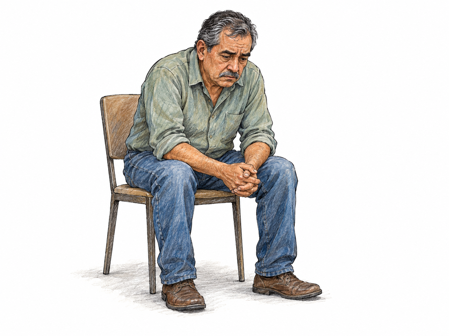 An older Latino man sits alone on the edge of a plain chair, leaning forward with tightly clasped hands, raised shoulders, and a troubled, distant gaze, conveying deep inward anxiety rather than a reaction to an immediate danger.