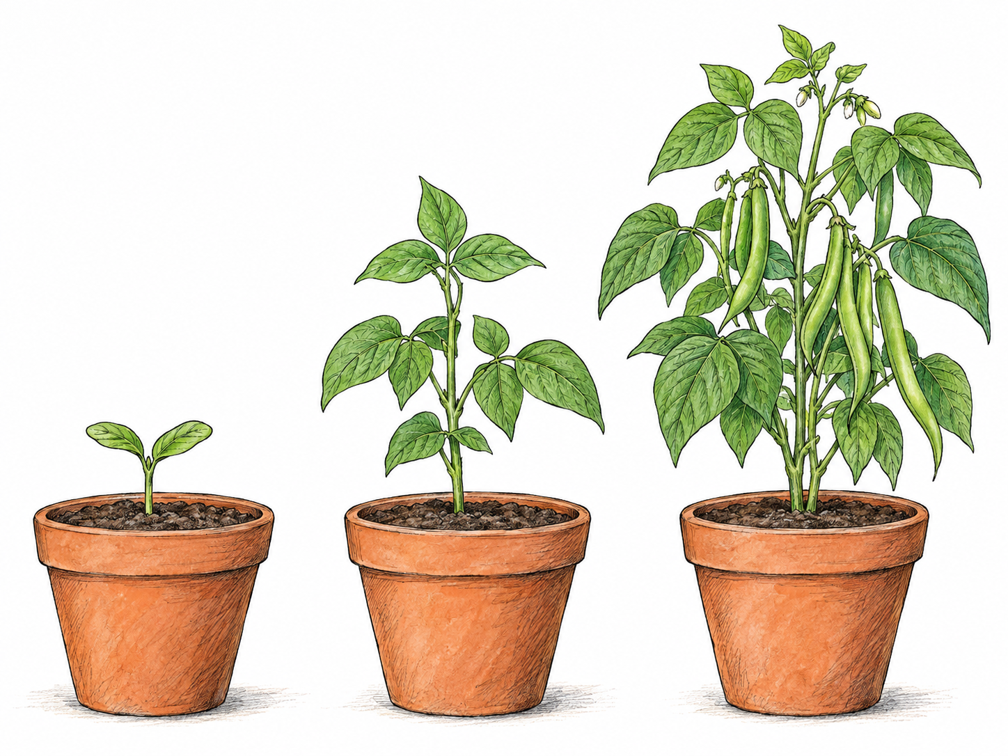 A text-free, left-to-right sequence of the same bean plant at three stages: a small emerging seedling, a taller leafy young plant, and a mature plant with pods.