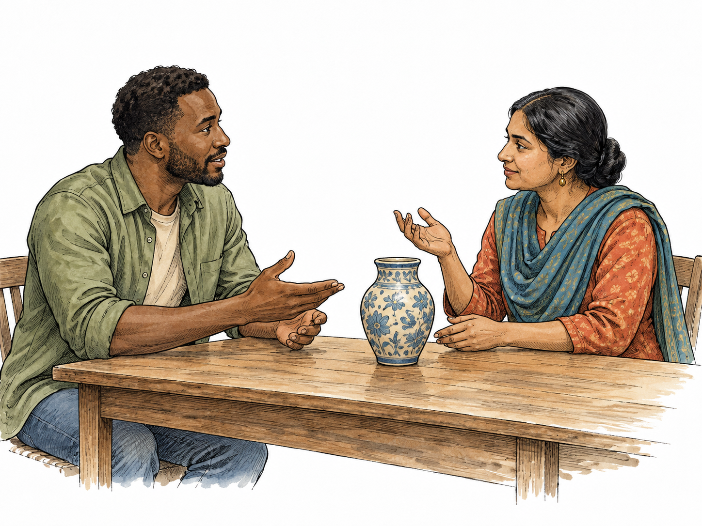 A Black buyer and South Asian seller calmly discuss a price over a wooden table with a vase.