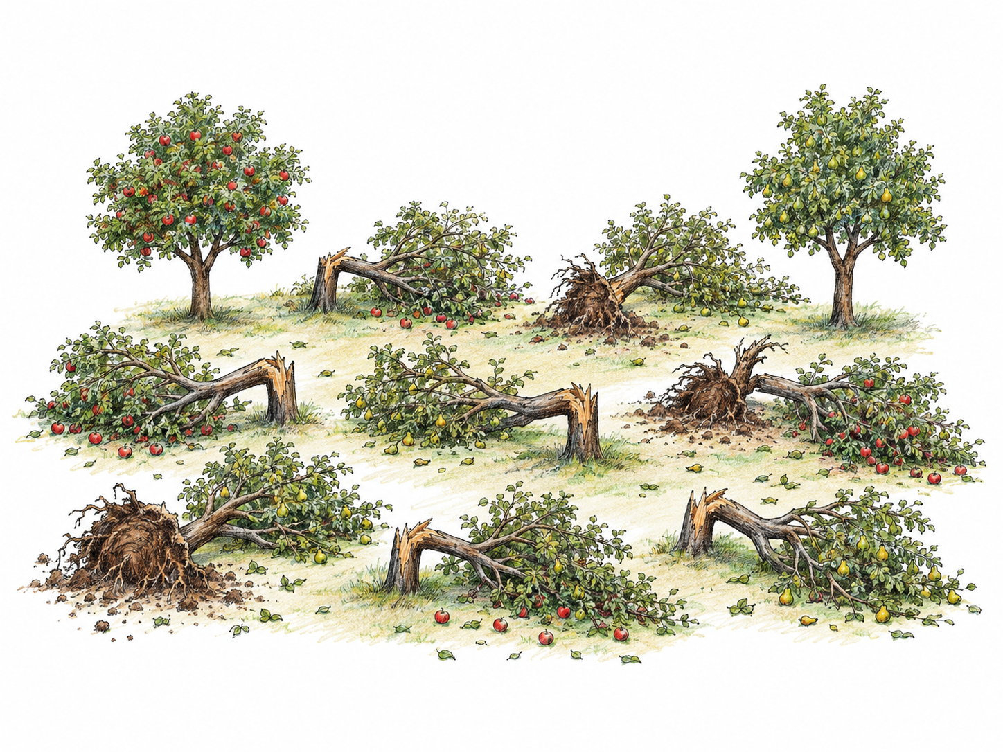 A small orchard devastated by a storm: most fruit trees are snapped or uprooted, with only two still standing intact, making the great reduction immediately visible.
