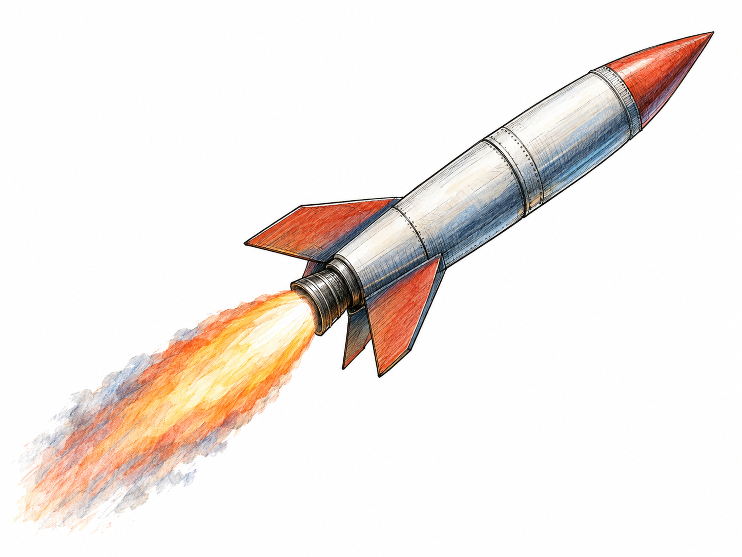A small uncrewed rocket traveling nose-first to the right, with a clear exhaust plume streaming left from its rear nozzle, showing propulsion through backward-expelled gas.